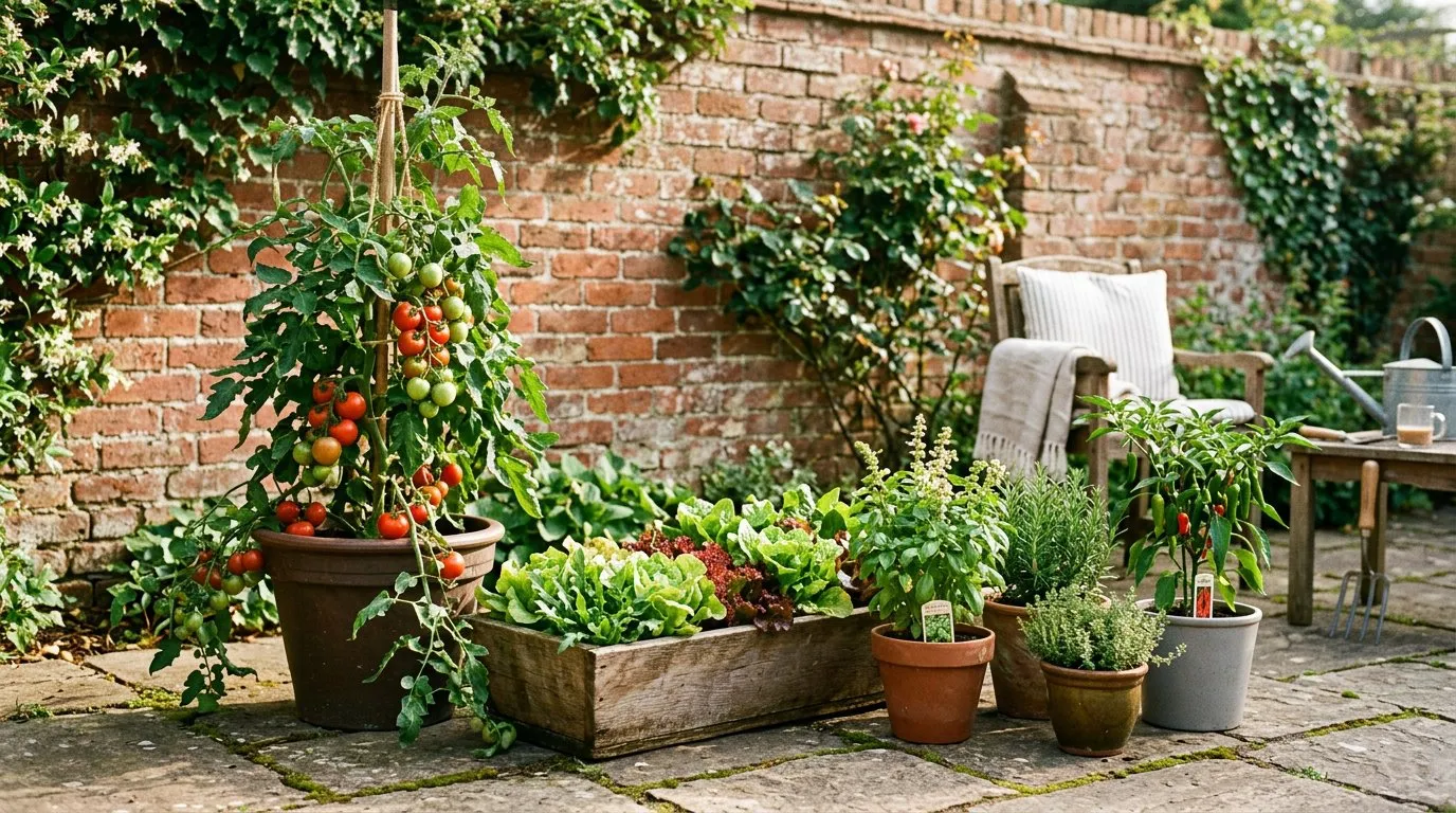 Sunny UK patio with vegetable containers including tomatoes, lettuce, herb pots, and chilli peppers