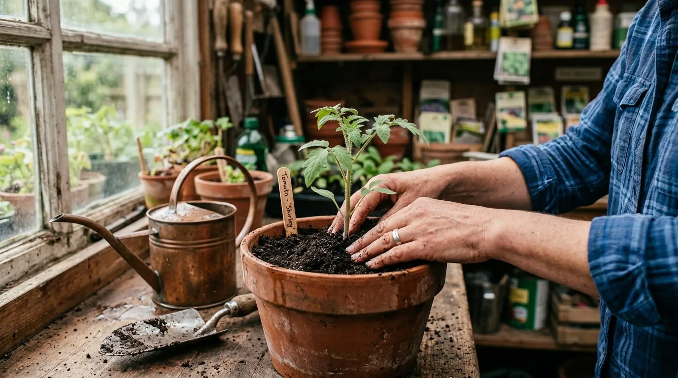 Hands potting a tomato seedling into a container with compost, terracotta pot and tools nearby