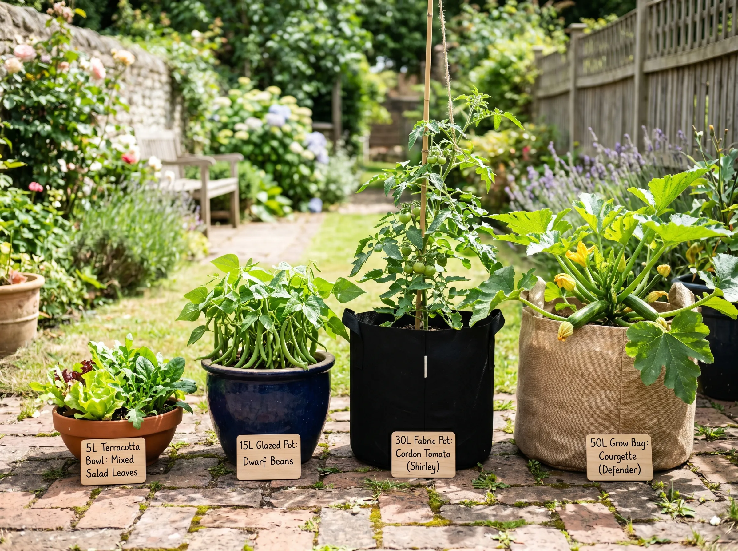 UK patio garden showing a variety of pot sizes - from 5l salad bowl to 50l grow bag of courgettes to 40l fabric pot of tomatoes - each labelled with what they hold, demonstrating right-sizing
