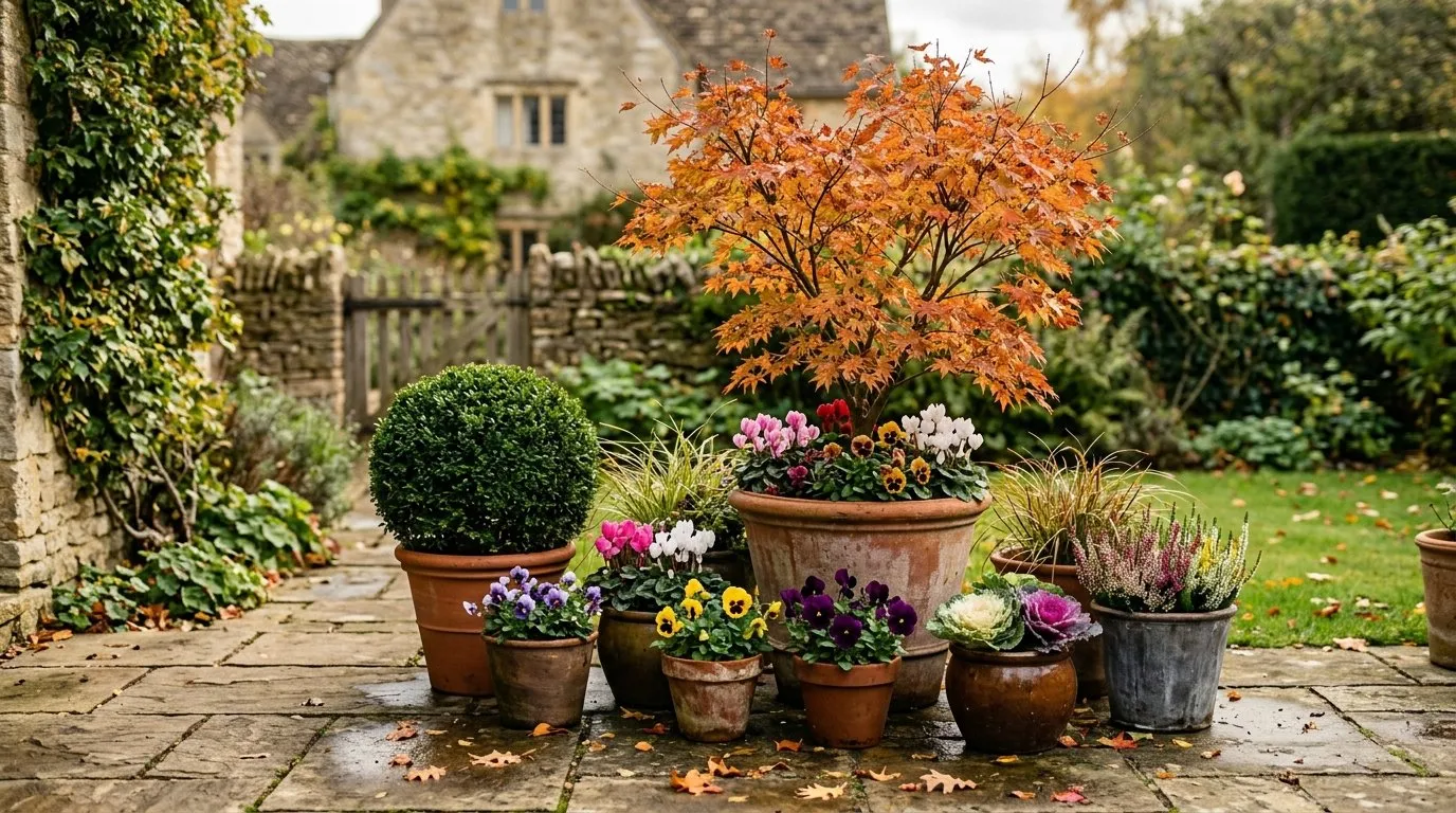Year-round container display on a UK patio with seasonal colour
