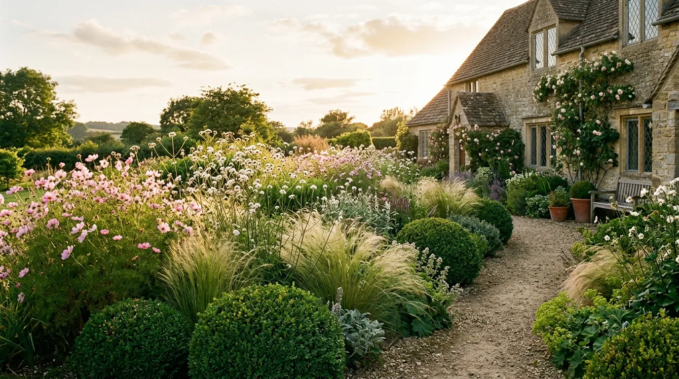 Wide editorial photograph of a contemporary UK cottage border with clipped Buxus balls and Hebe rakaiensis domes anchoring drifts of pink cosmos, white Verbena bonariensis and Stipa tenuissima