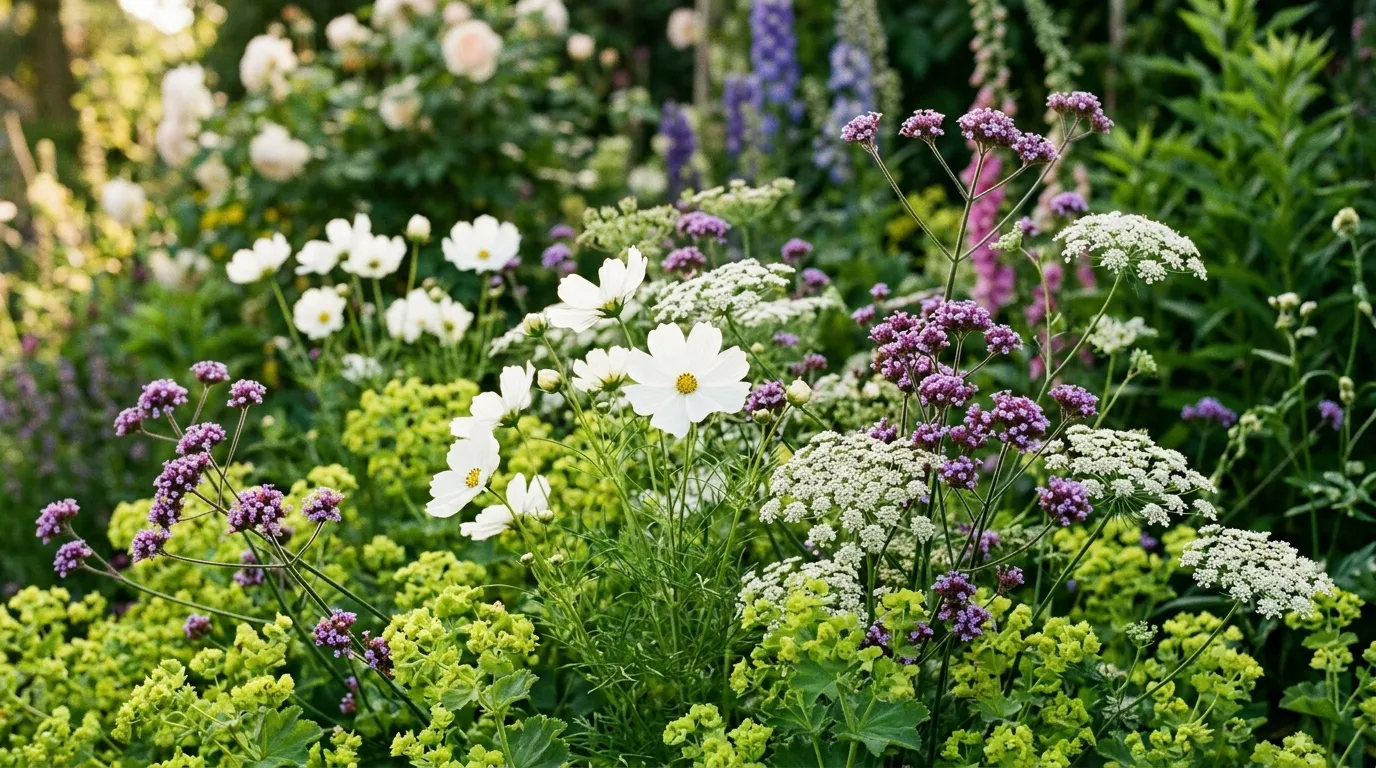 A close-up of the romantic 30% layer with Cosmos Purity, Verbena bonariensis and white Ammi majus drifting through alchemilla mollis foliage