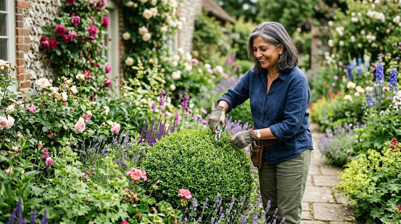 A gardener trimming a clipped Buxus sempervirens ball in a contemporary UK cottage garden using hand shears in summer light