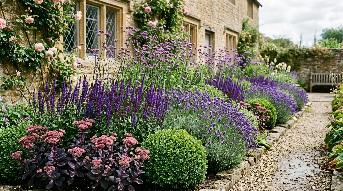 A side view of a contemporary cottage border showing the three-layer height structure: tall verbena at back, lavender in middle, sedum at front