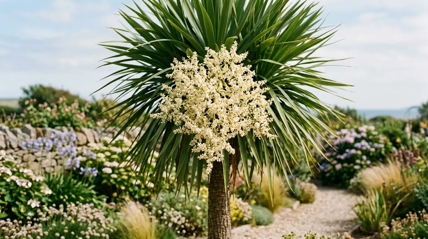 Cordyline australis flower spike with creamy white panicles in a UK coastal garden in July