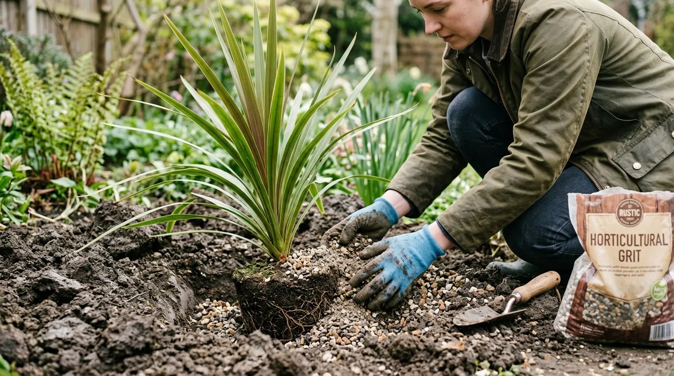 Young cordyline australis with newly planted root ball and sharp grit backfill for drainage UK garden