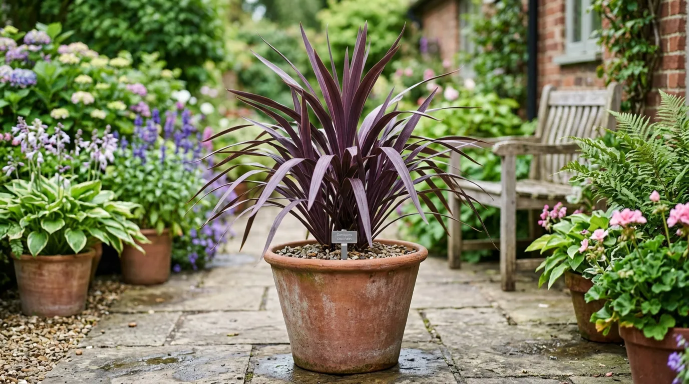 Cordyline Red Star in large terracotta container on a sheltered UK patio in summer