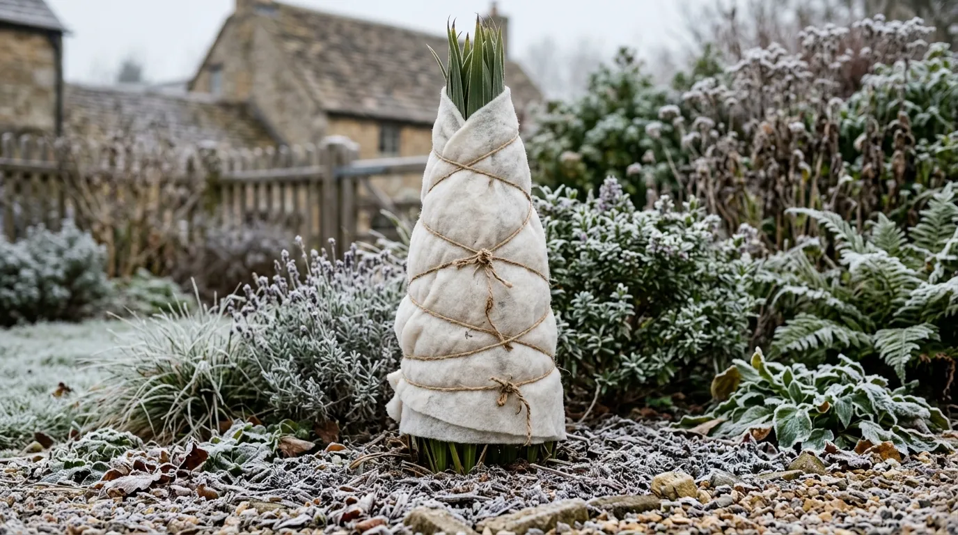 A young UK cordyline wrapped with horticultural fleece and twine over its tied-up sword leaves for winter frost protection in December