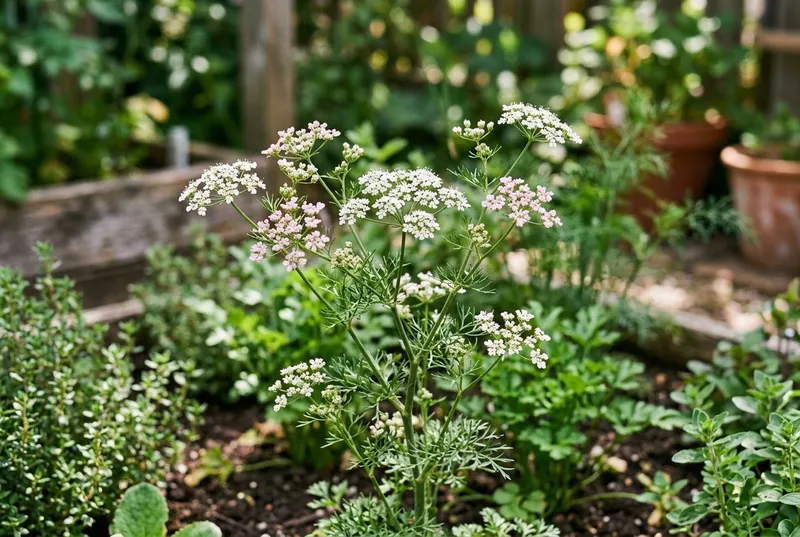 Coriander (Coriandrum sativum) growing in a UK garden