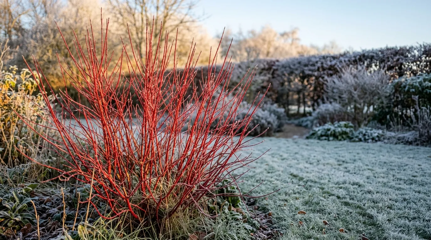 Cornus dogwood with vivid red winter stems glowing in low sunlight against a frosty UK garden
