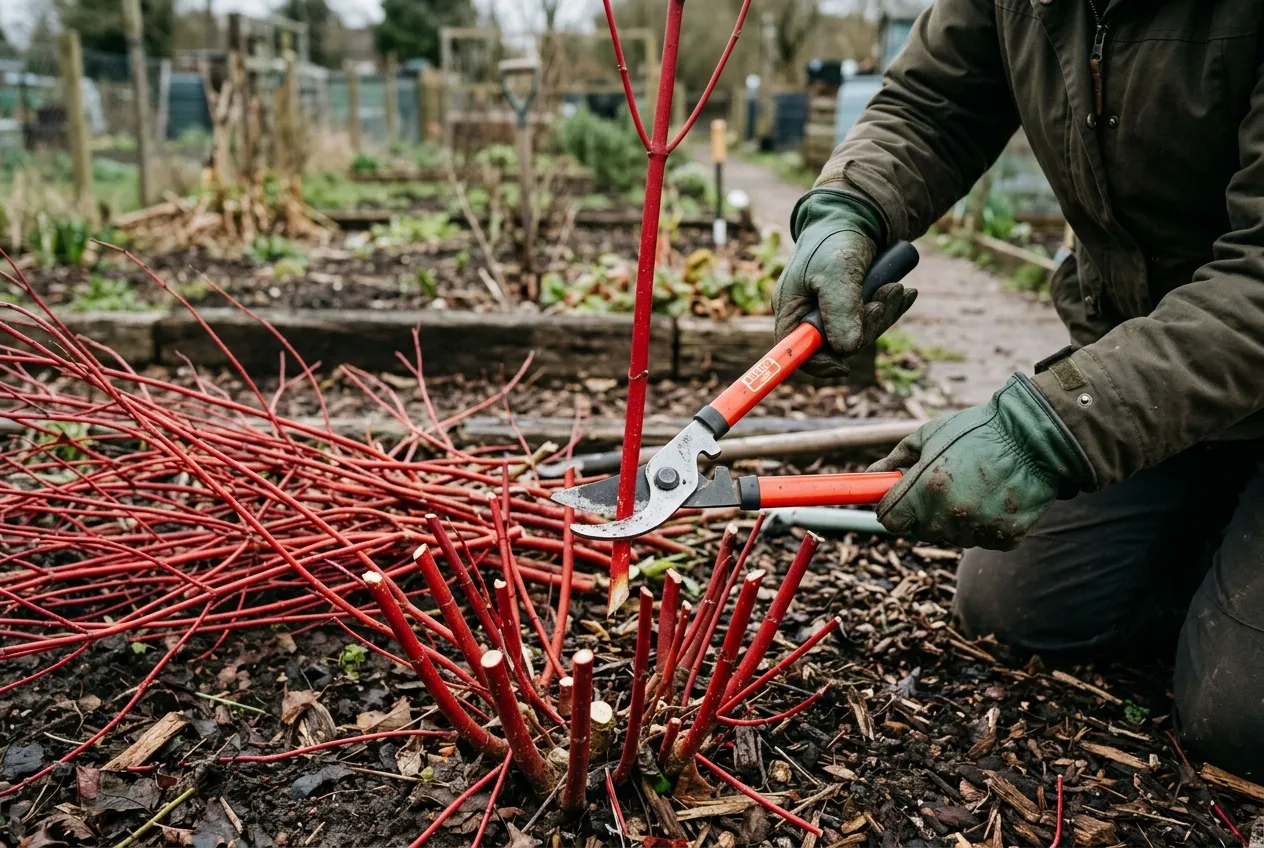 Hard pruning cornus dogwood stems to ground level in early spring with loppers