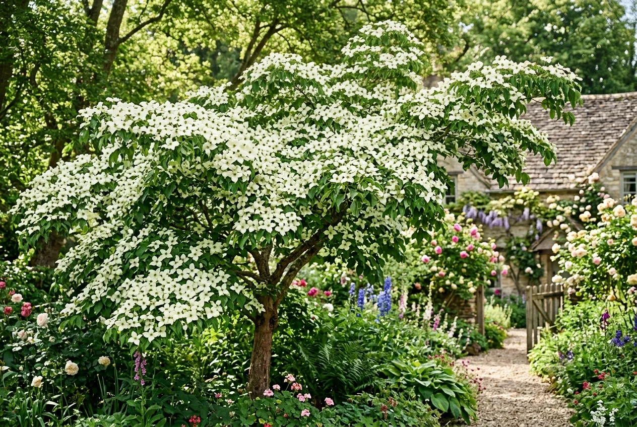 Cornus kousa flowering dogwood with white bracts in a UK summer garden setting