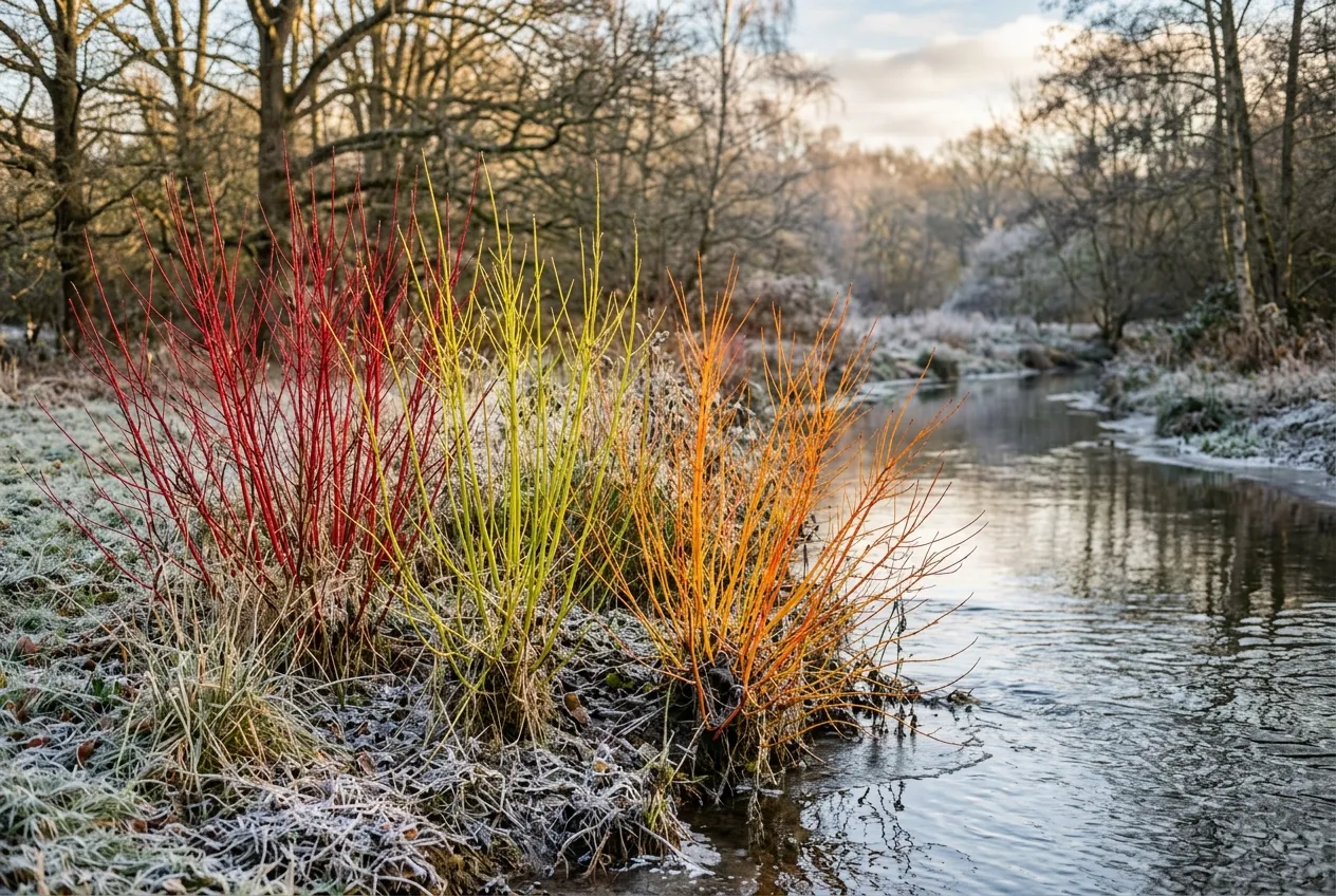 Mixed cornus winter stems showing red, yellow, and orange varieties in UK waterside planting