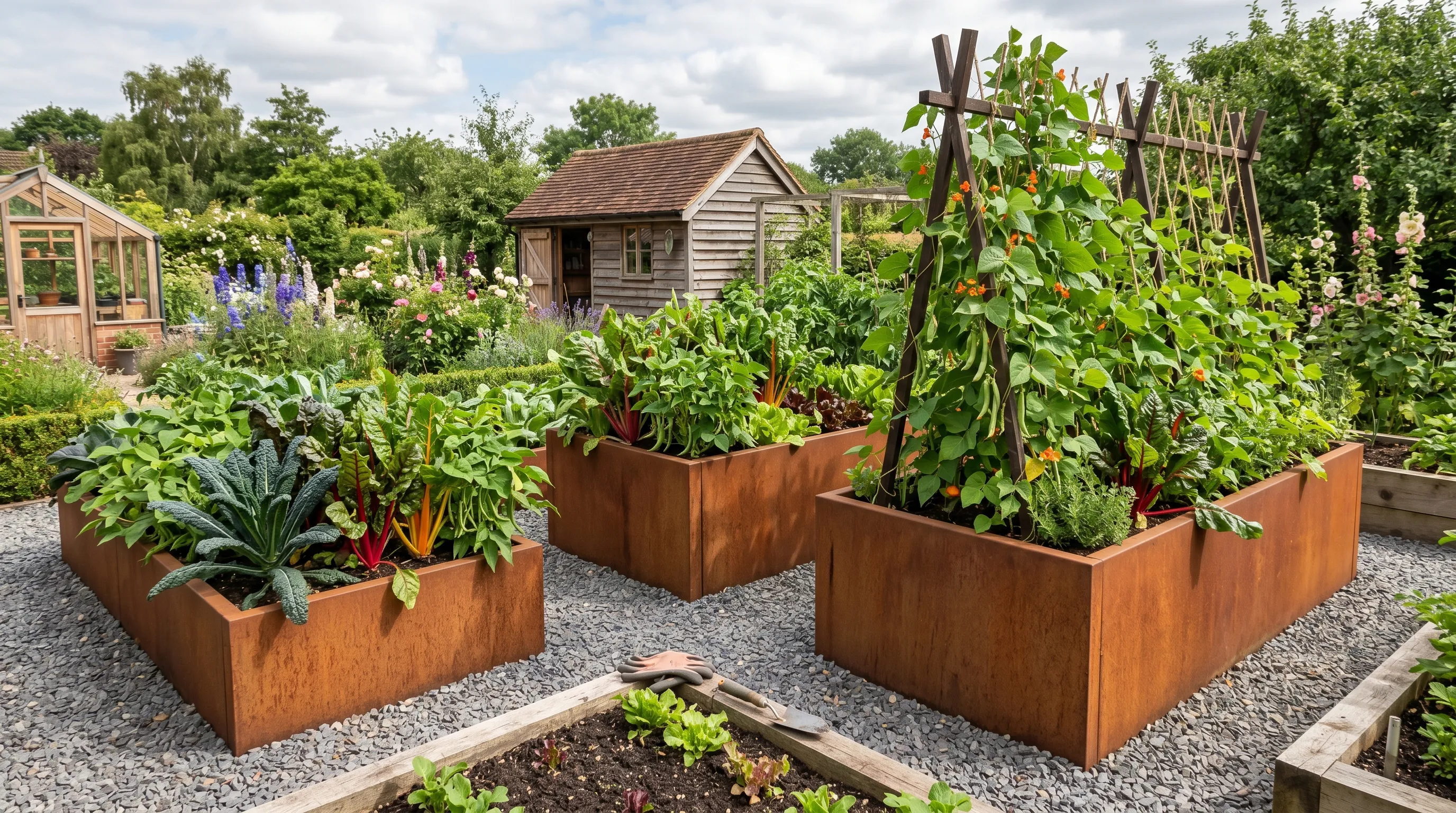 Three rectangular Corten steel raised beds at varying heights in a contemporary UK vegetable garden planted with cavolo nero, rainbow chard and runner beans