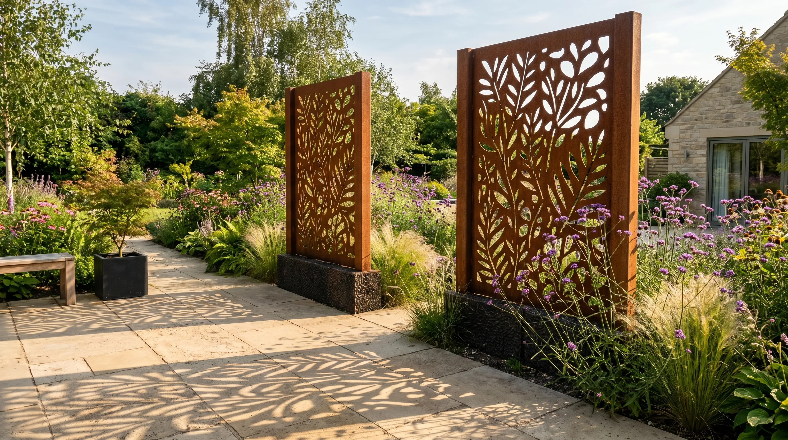 Two tall Corten steel laser-cut screens with abstract botanical patterns dividing a patio from planting border in a contemporary UK garden with shadows cast on limestone paving