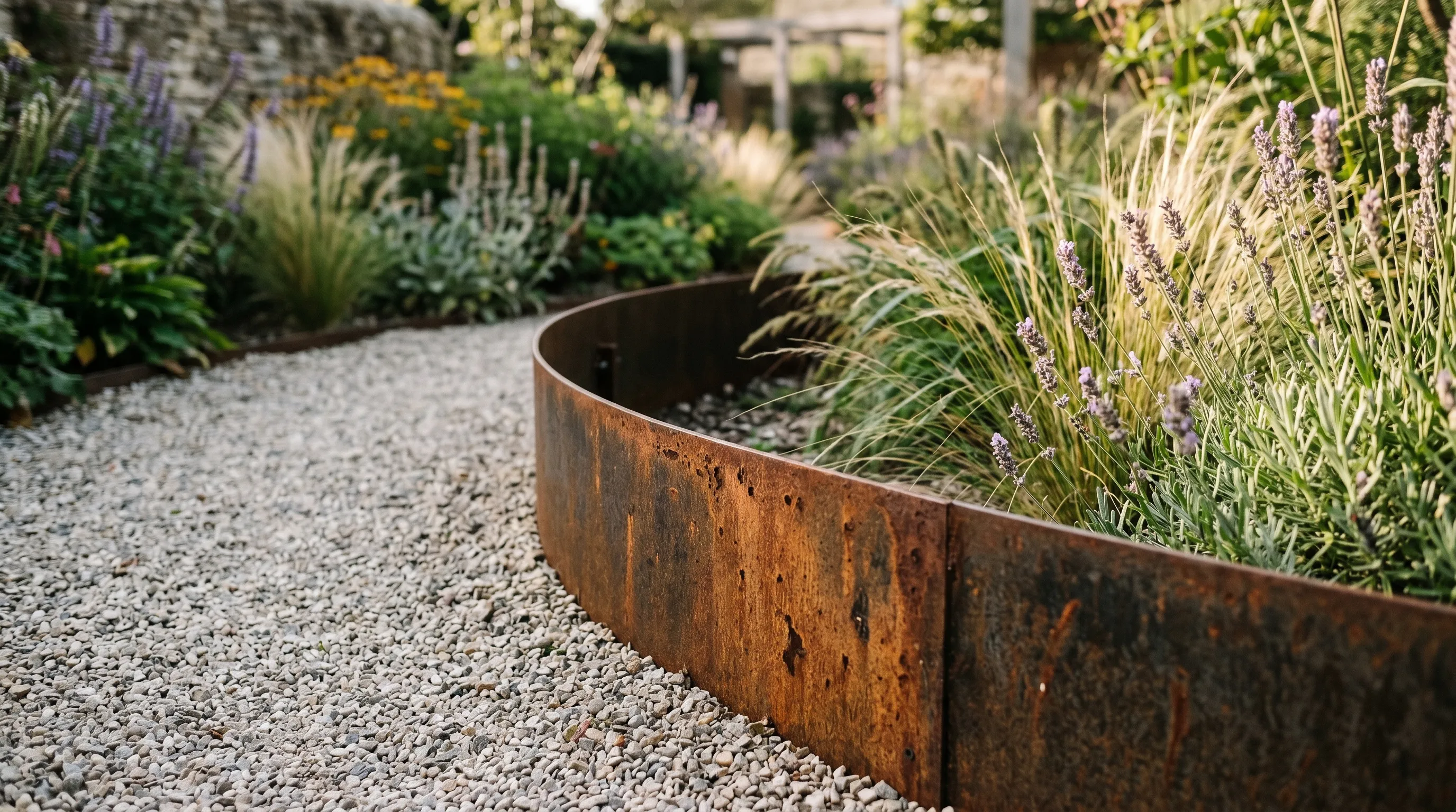 Weathered Corten steel edging defining a curved gravel pathway in a contemporary UK garden with ornamental grasses and lavender