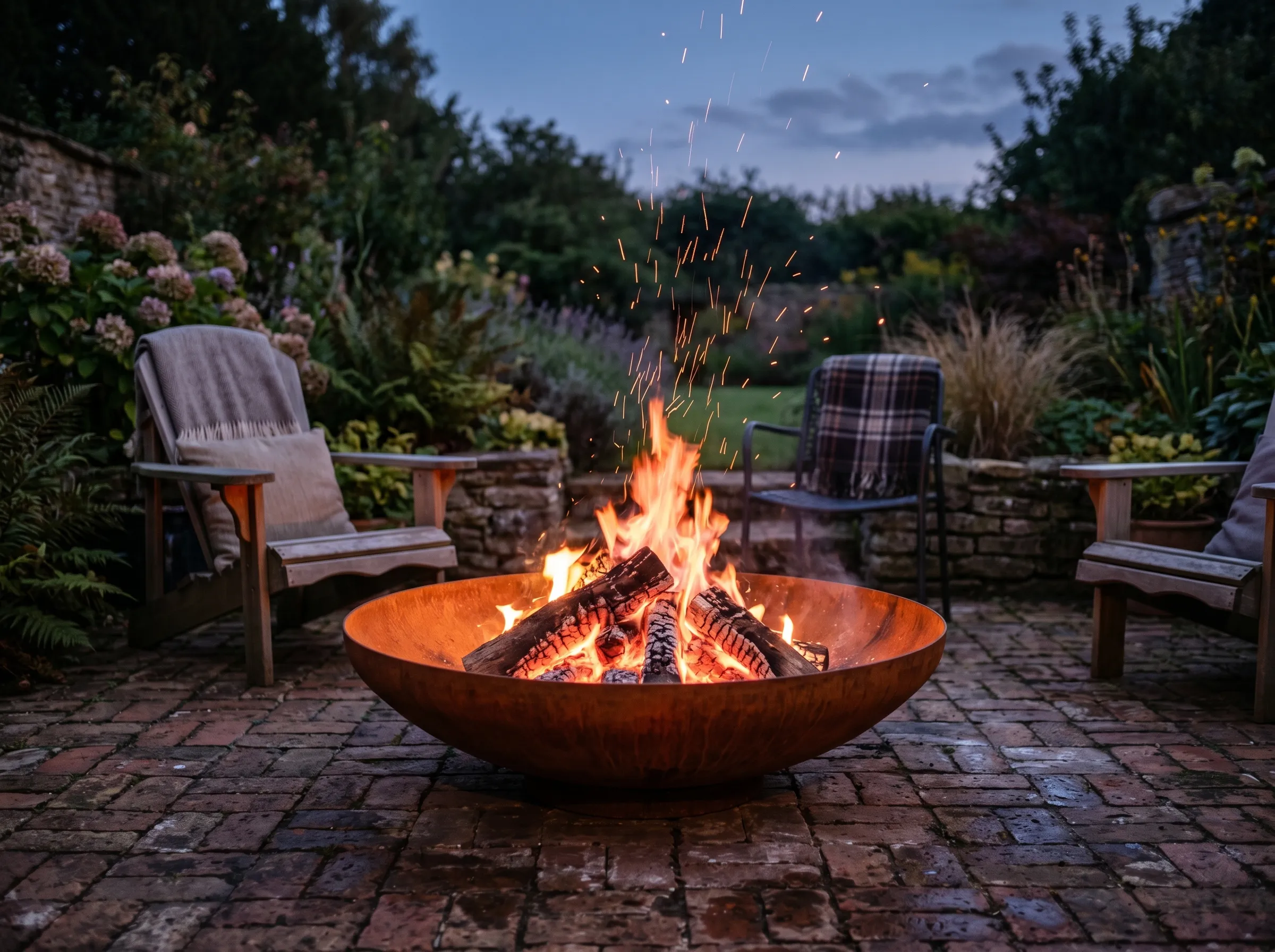 A 90cm corten steel fire pit photographed in a UK patio garden showing the deep weathered orange-brown patina of the bowl, full of glowing logs at dusk with sparks rising and three garden chairs arranged around it