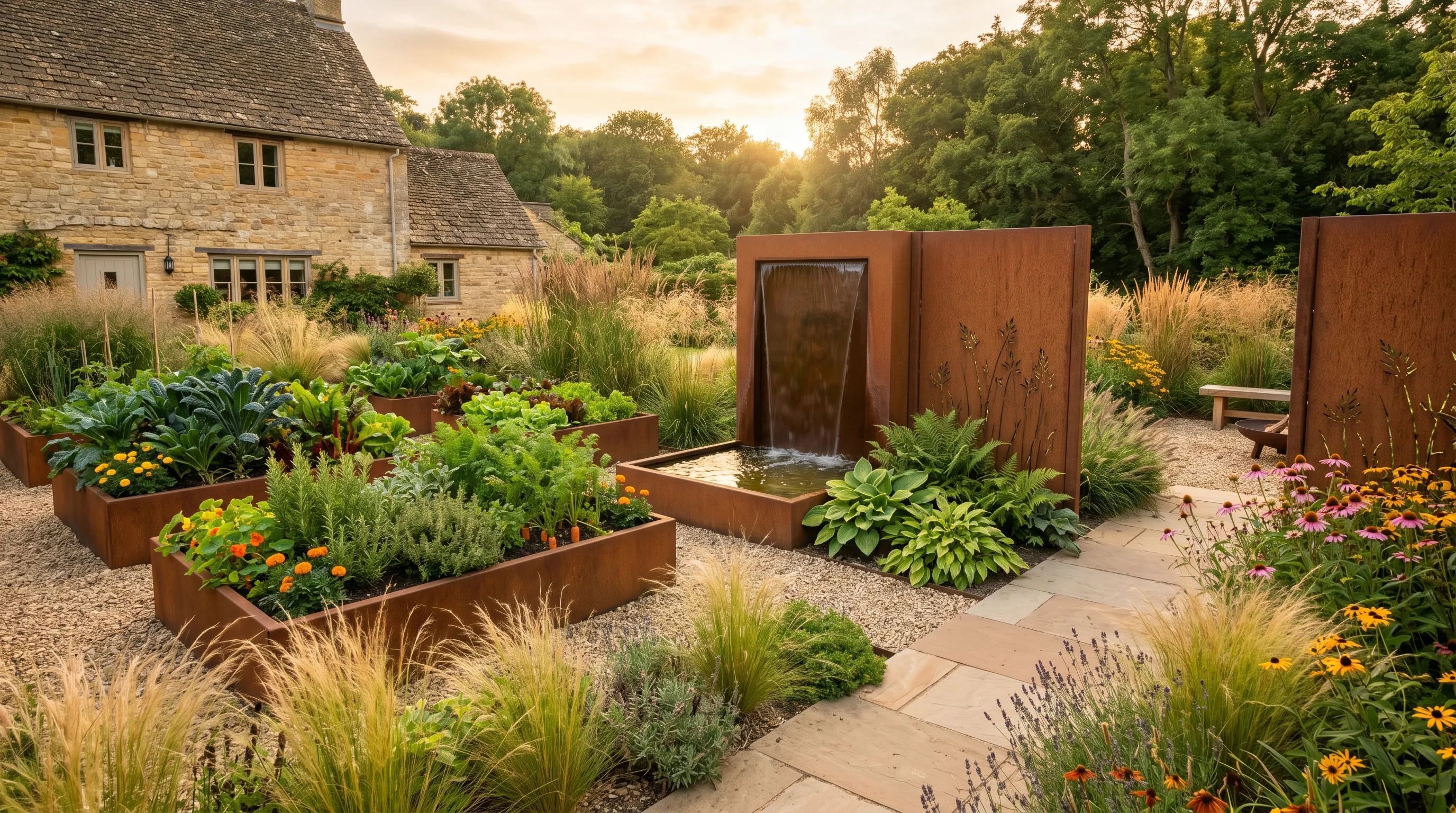 Contemporary UK garden featuring Corten steel raised beds water feature and screens with ornamental grasses in golden hour light