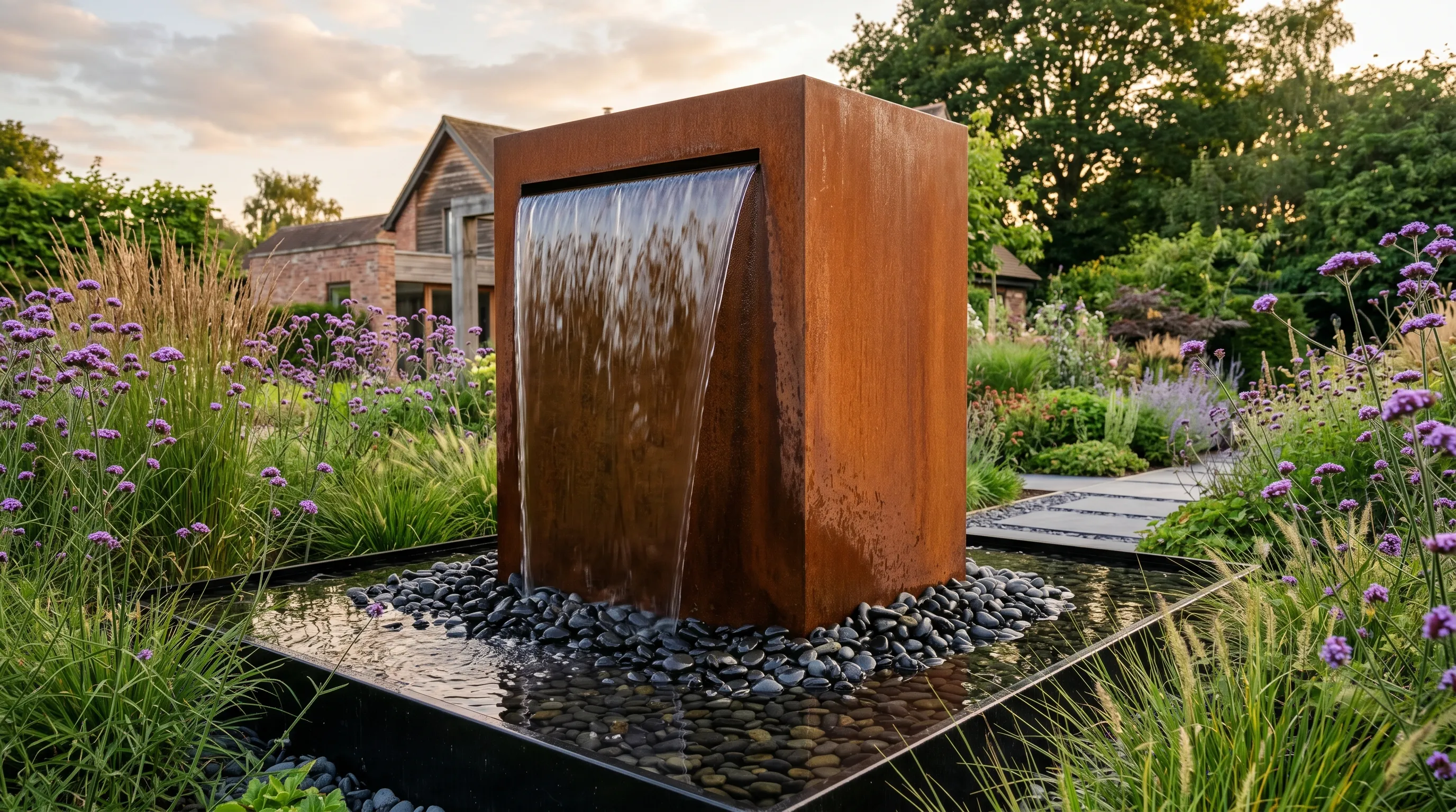 Tall Corten steel cube water feature with water sheeting down the warm rust-orange weeping wall into a black-stoned reservoir in a contemporary UK garden