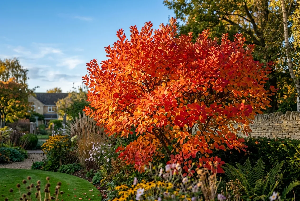 Cotinus smokebush in spectacular scarlet-orange autumn colour against a blue October sky in a UK garden