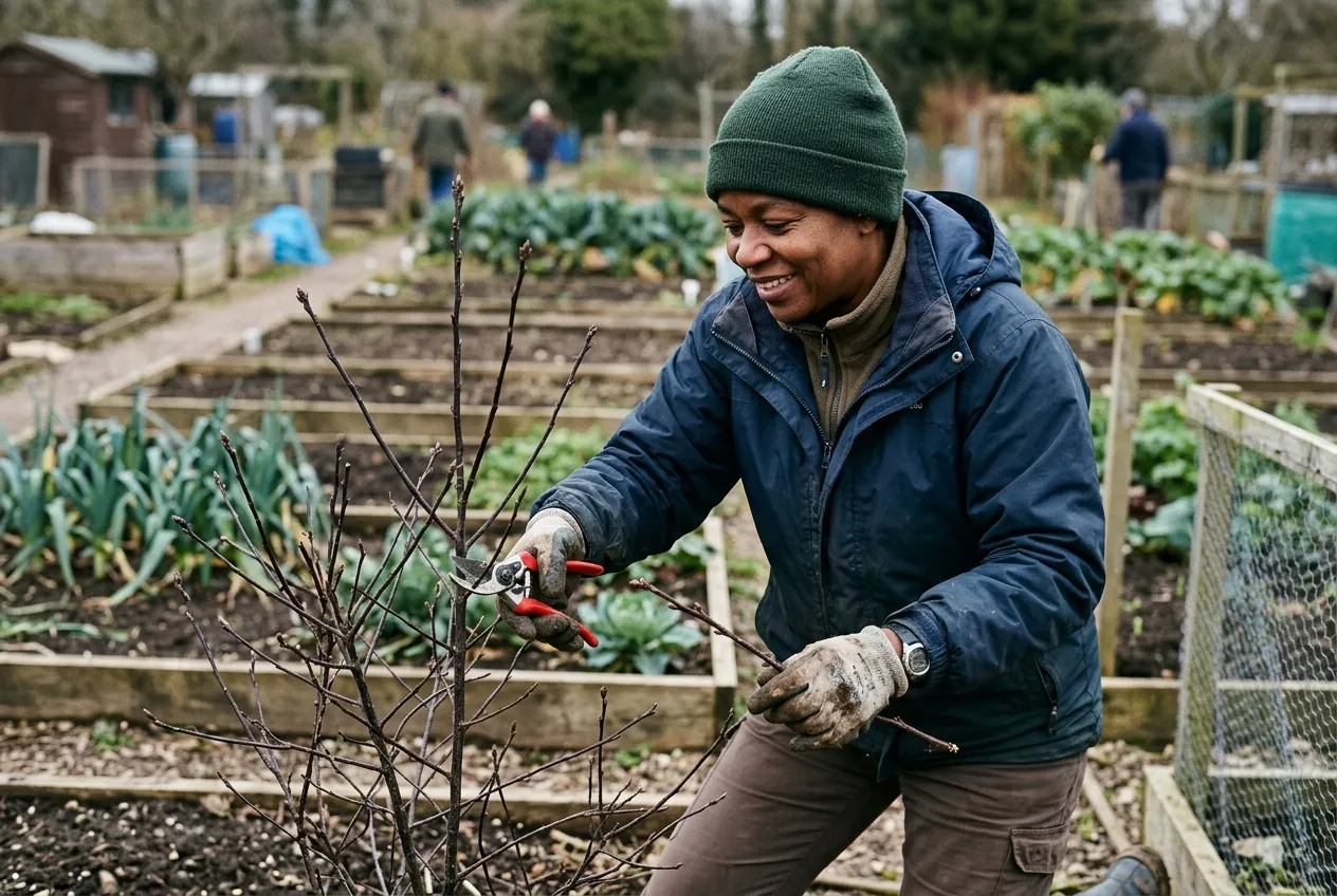 A gardener pruning cotinus smokebush stems in late winter in a UK allotment garden