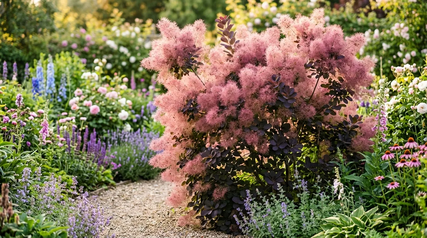 Mature cotinus smokebush with purple-pink flower plumes in a sunny UK cottage garden border