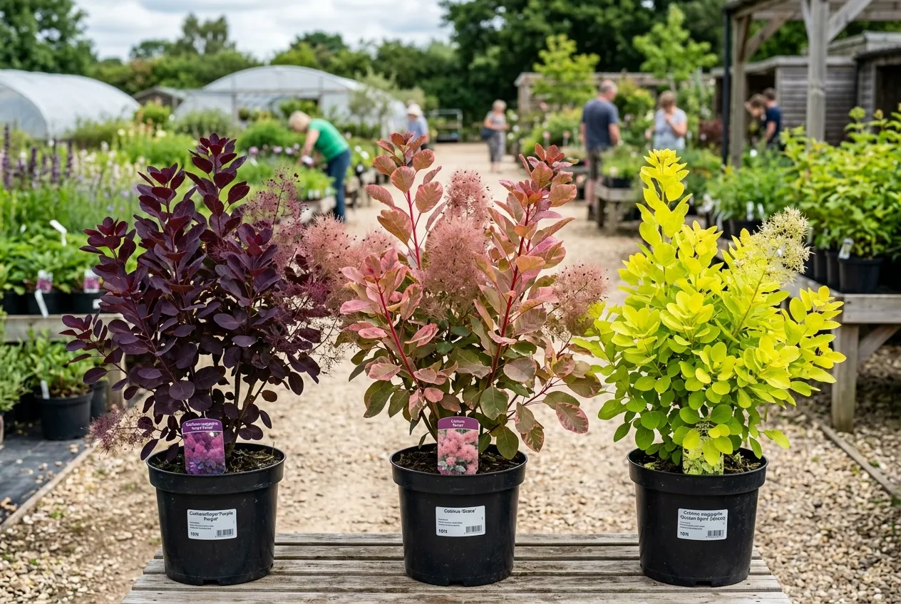 Three cotinus smokebush varieties showing purple, pink and golden foliage in a UK garden nursery