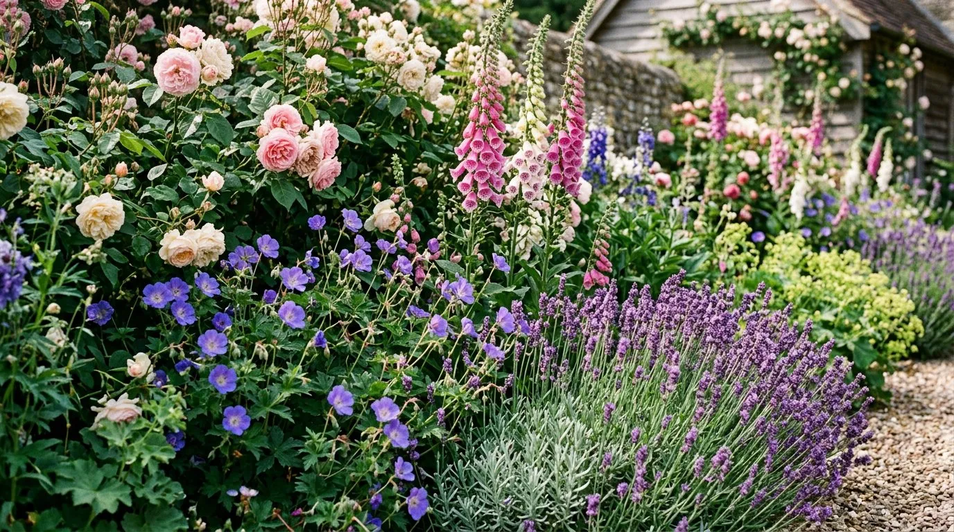 Close-up of a cottage garden border showing layered planting with roses, foxgloves, and lavender in summer bloom