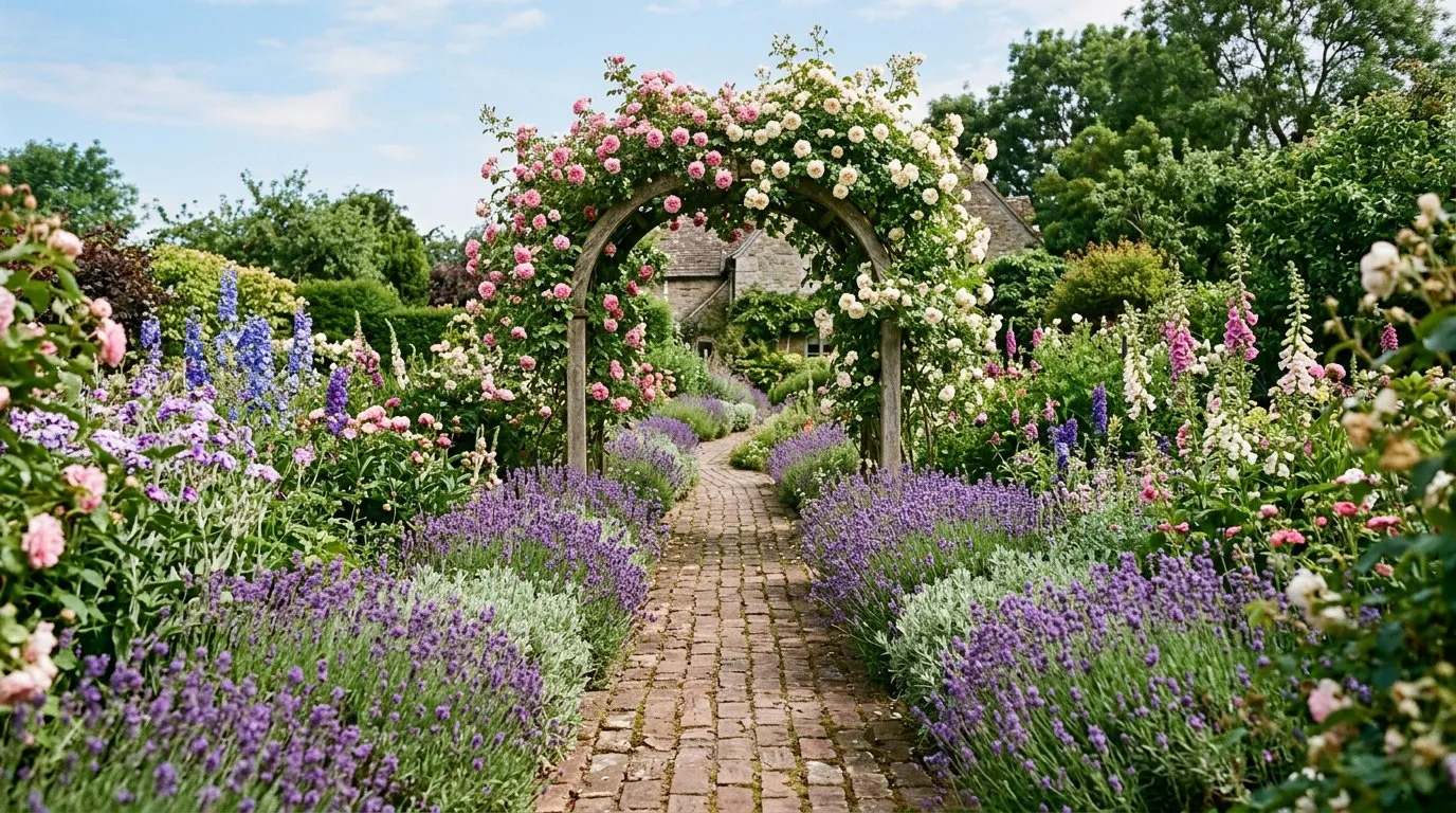 Cottage garden path through overflowing borders with climbing roses on an arch and lavender edges