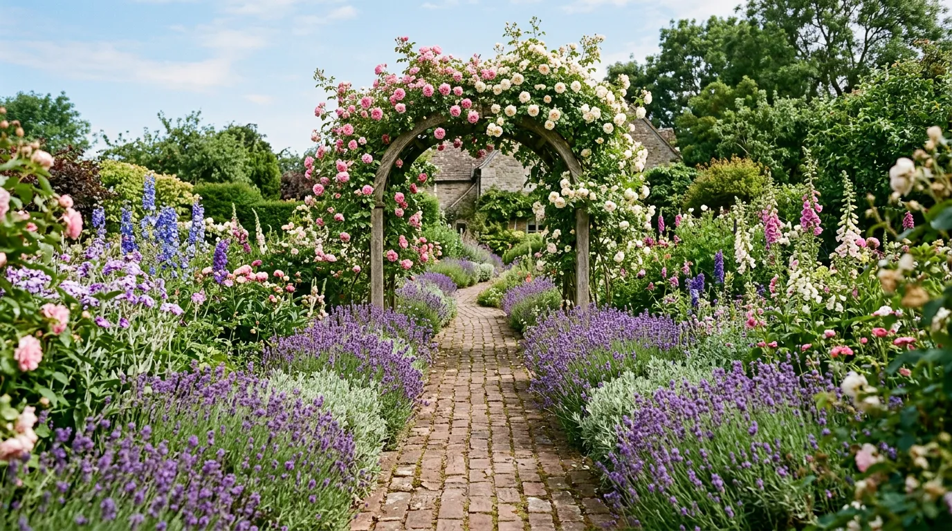 Cottage garden path through overflowing borders with climbing roses on an arch and lavender edges