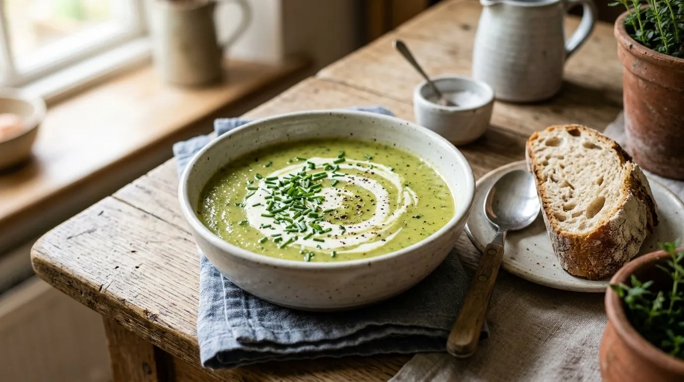 Bowl of UK courgette glut soup with garden basil and Parmesan on a wooden table next to a bowl of fresh summer courgettes