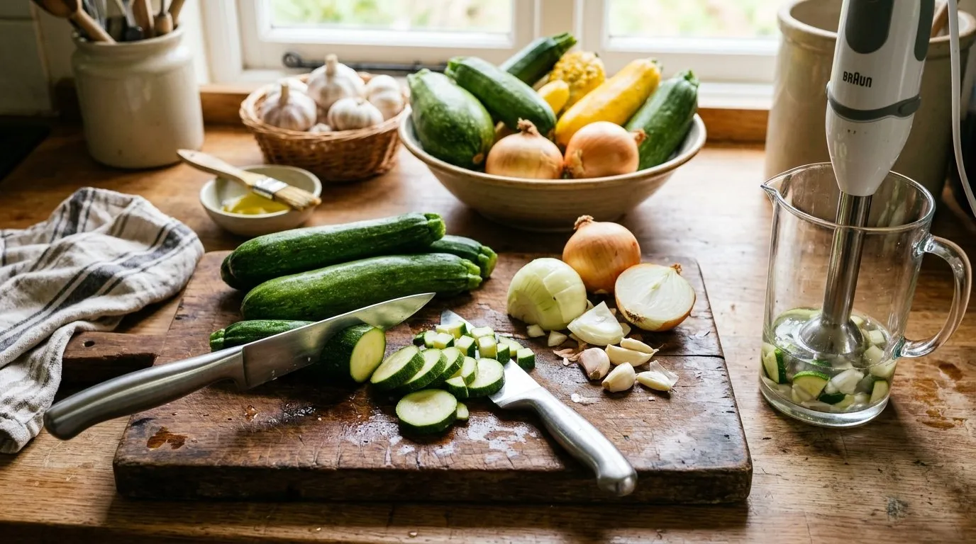 Fresh UK garden courgettes being chopped on a wooden board with onions and garlic for soup