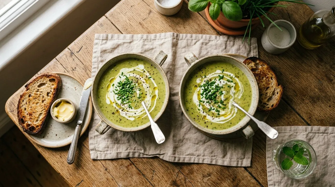 Two bowls of UK courgette soup with cream swirl chopped chives and sourdough toast