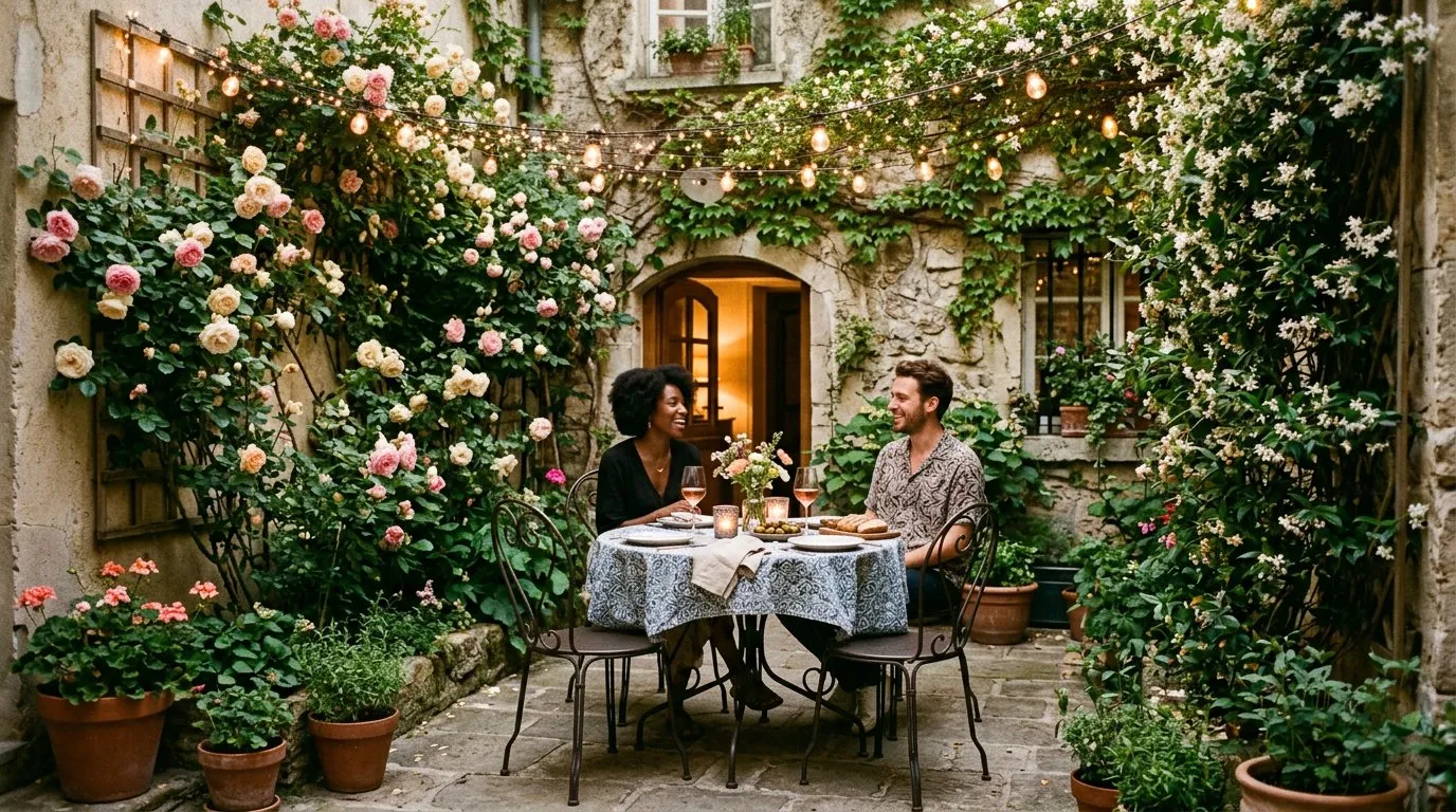 Courtyard garden dining area with bistro furniture surrounded by climbing roses and jasmine