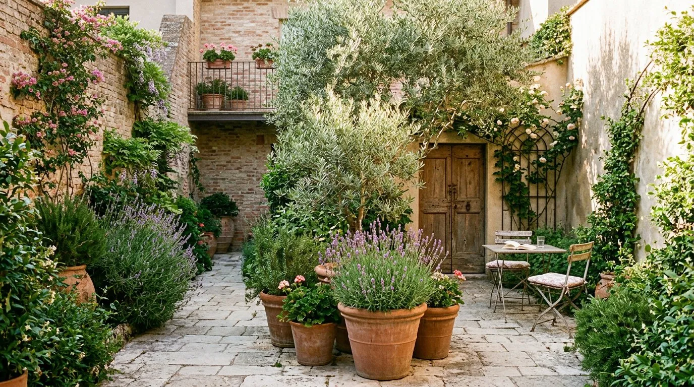 Courtyard garden with Mediterranean-style pale stone paving and terracotta pots of olive trees and lavender