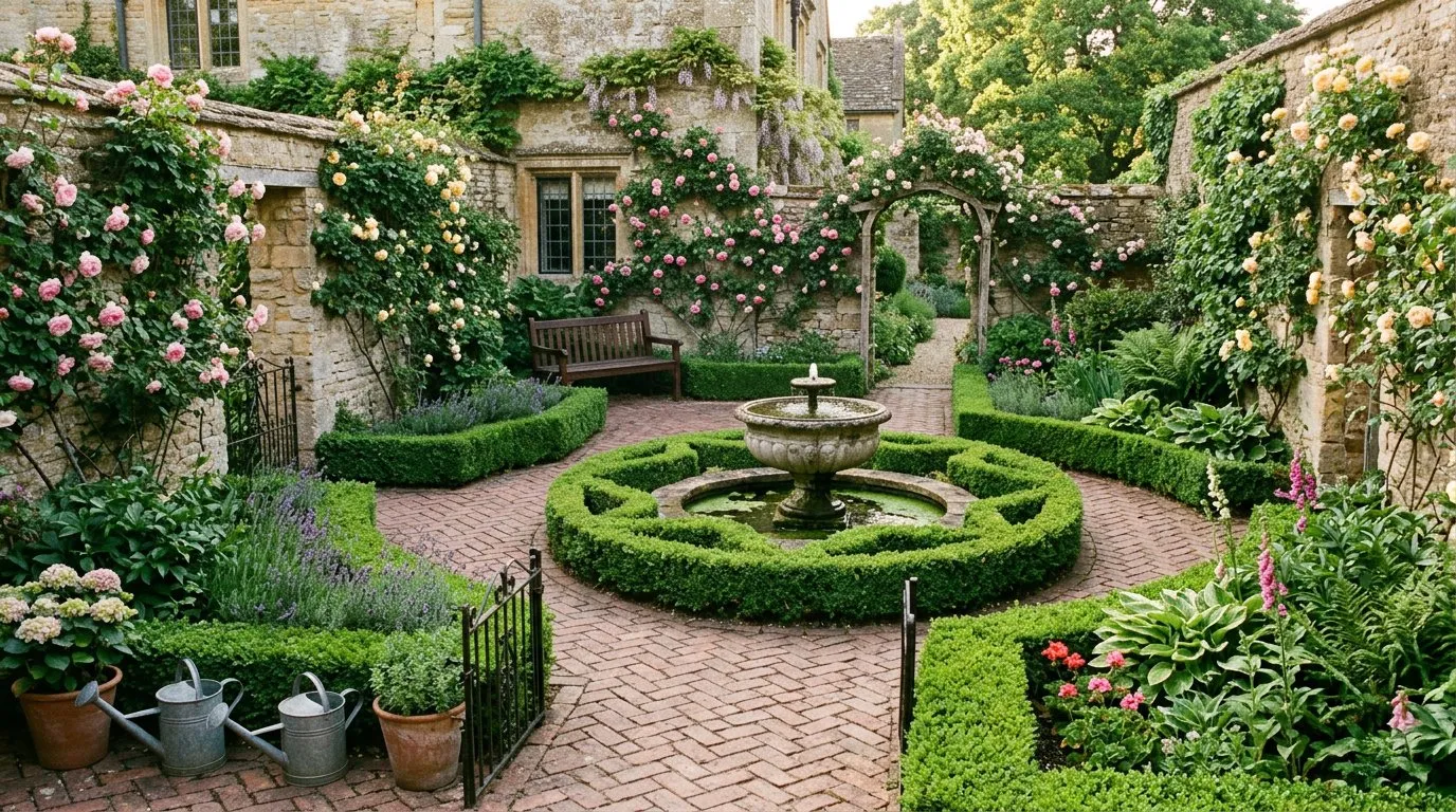 Walled courtyard garden with clipped box hedging and climbing roses on old stone walls