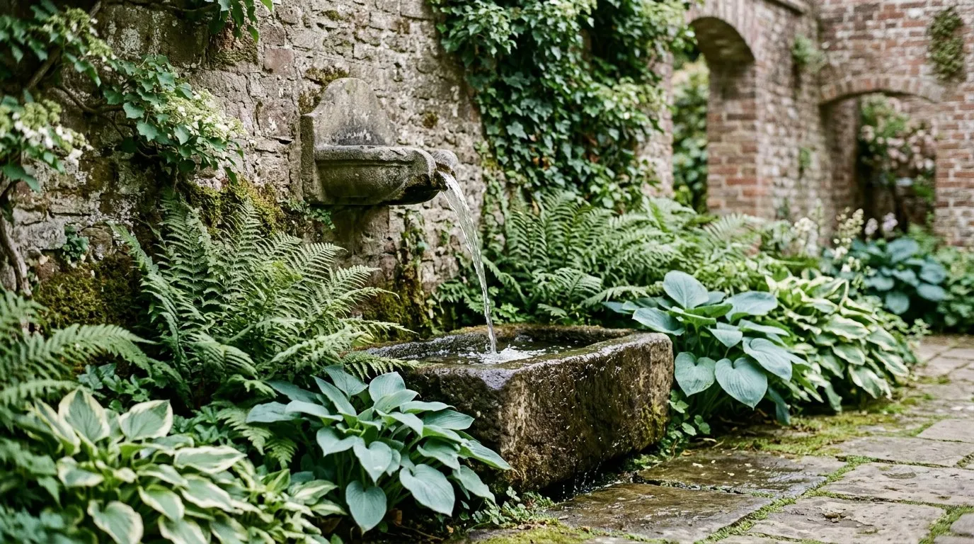 Courtyard garden wall-mounted water feature with ferns and hostas in a shaded UK setting