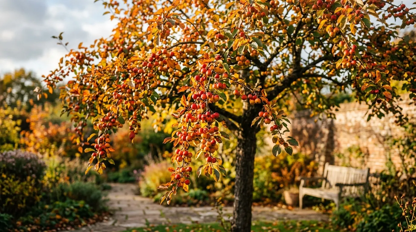 Crab apple tree laden with ornamental fruit in autumn