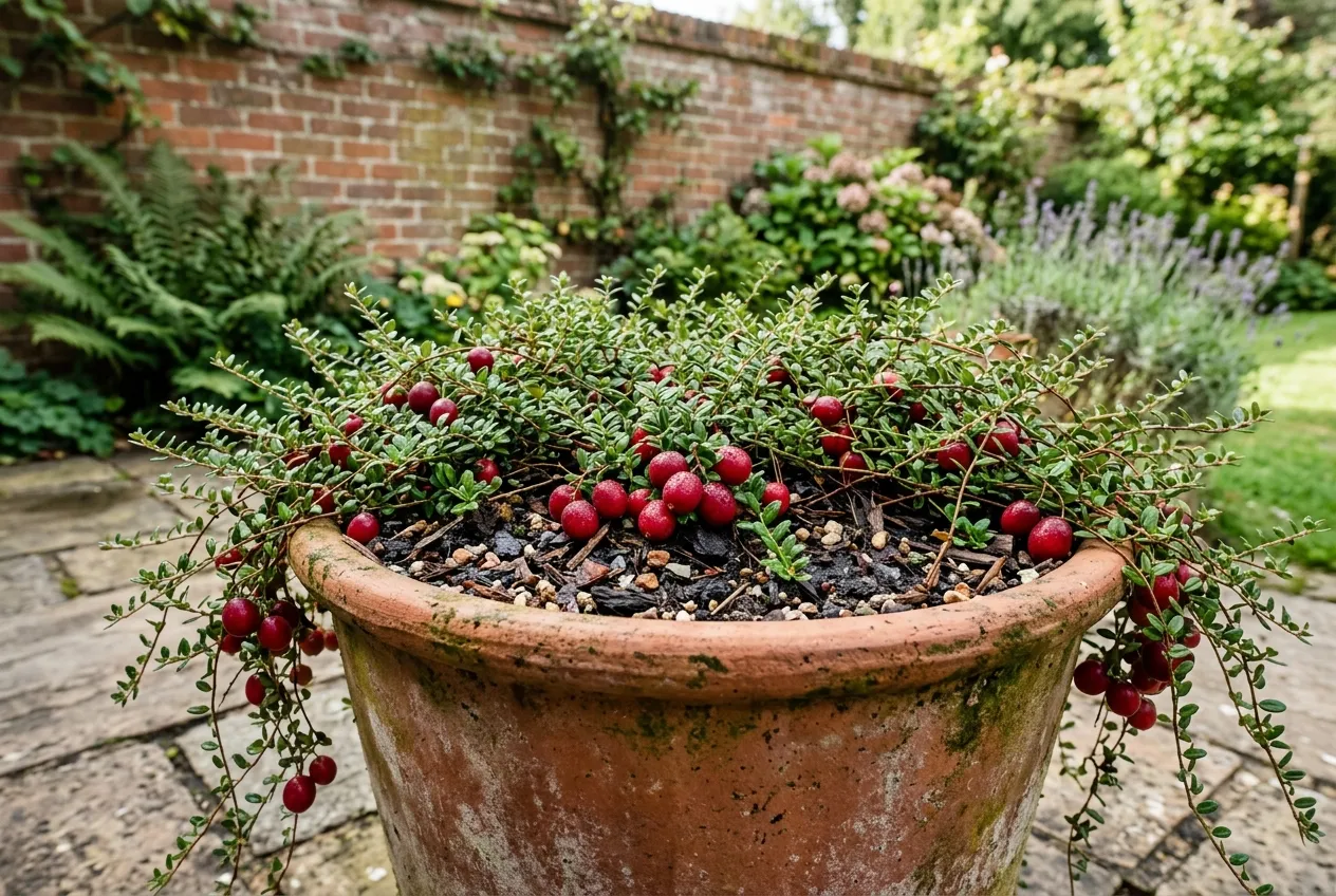 Cranberry plant growing in a terracotta container pot in a suburban UK garden with brick wall background