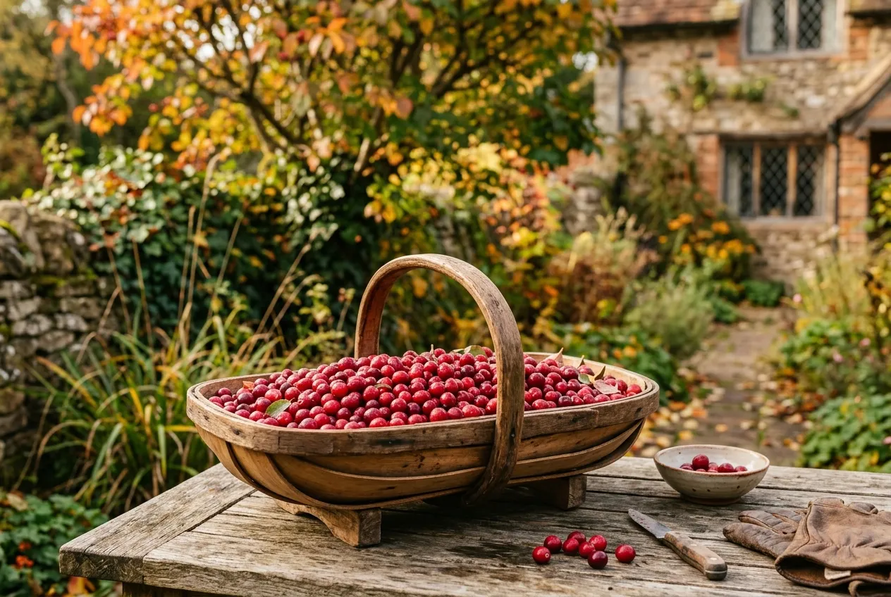Freshly harvested cranberries in a wooden trug basket on a garden table in an autumn UK cottage garden