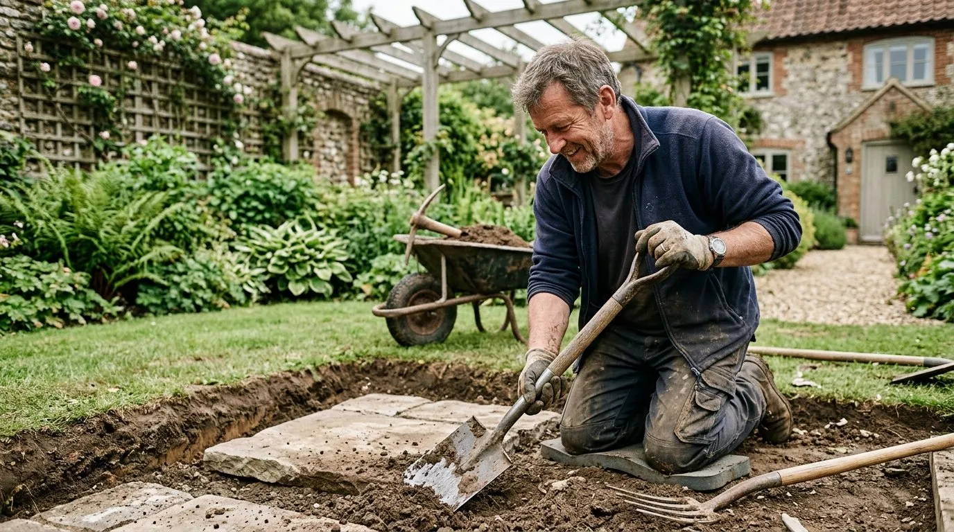 UK gardener working on create sunken garden in a real garden setting