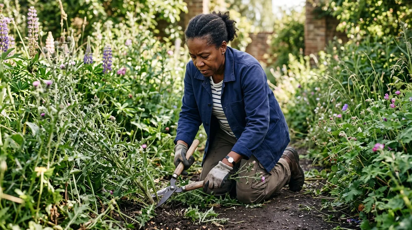 A gardener cutting creeping thistle down to the ground with shears in a border before it can flower