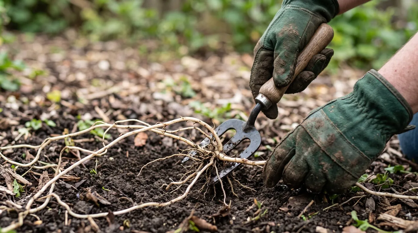 Gloved hands using a fork to lift creeping thistle roots from loose soil, following the runners without snapping them