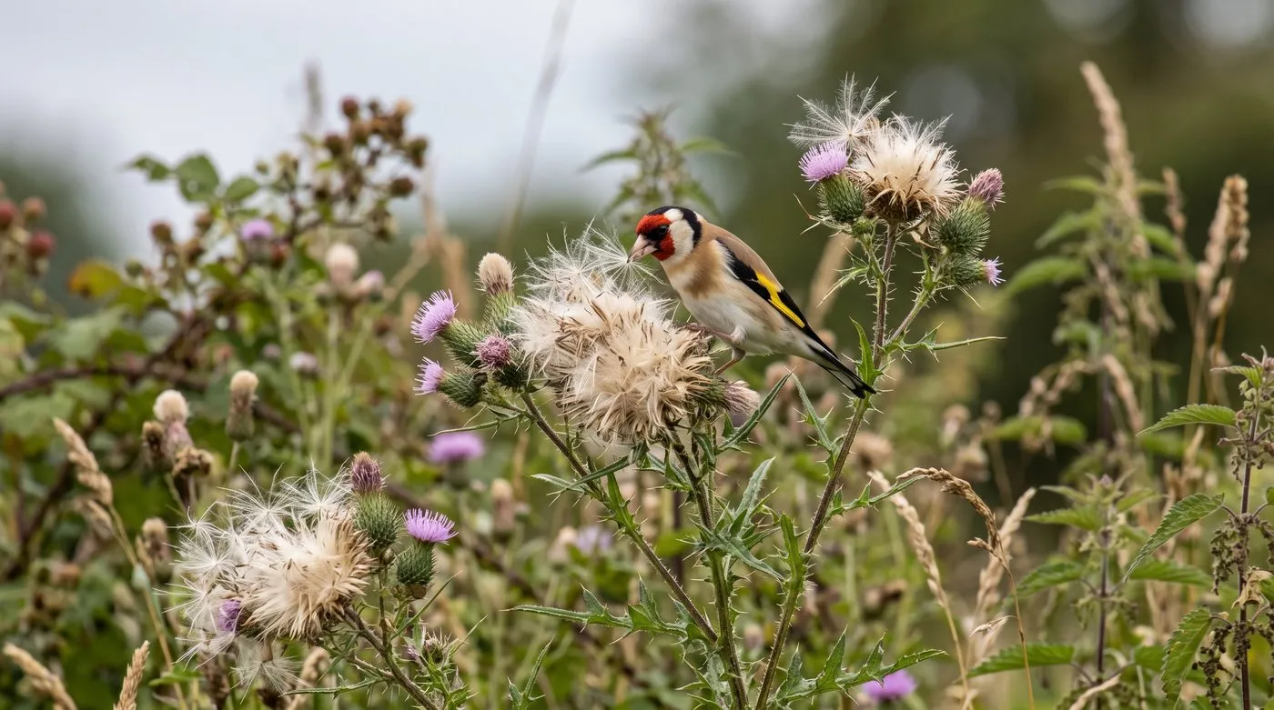 European goldfinch feeding on creeping thistle seeds in a late-summer UK garden