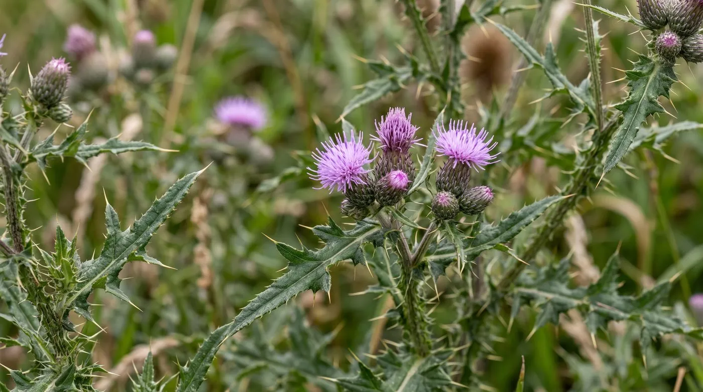 Close-up of creeping thistle showing the spiny lobed leaves and small lilac-purple flower heads in a UK garden
