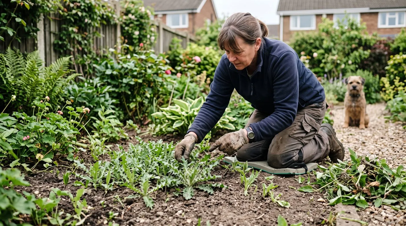 Gardener checking low creeping thistle regrowth after repeated cutting in a UK border