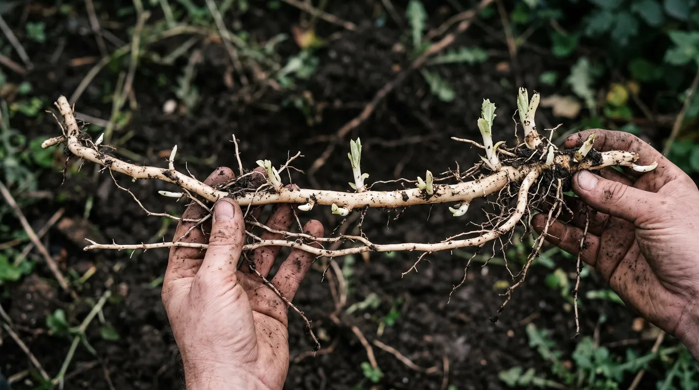 The white brittle creeping root system of a thistle dug from the soil showing horizontal spread and new shoots