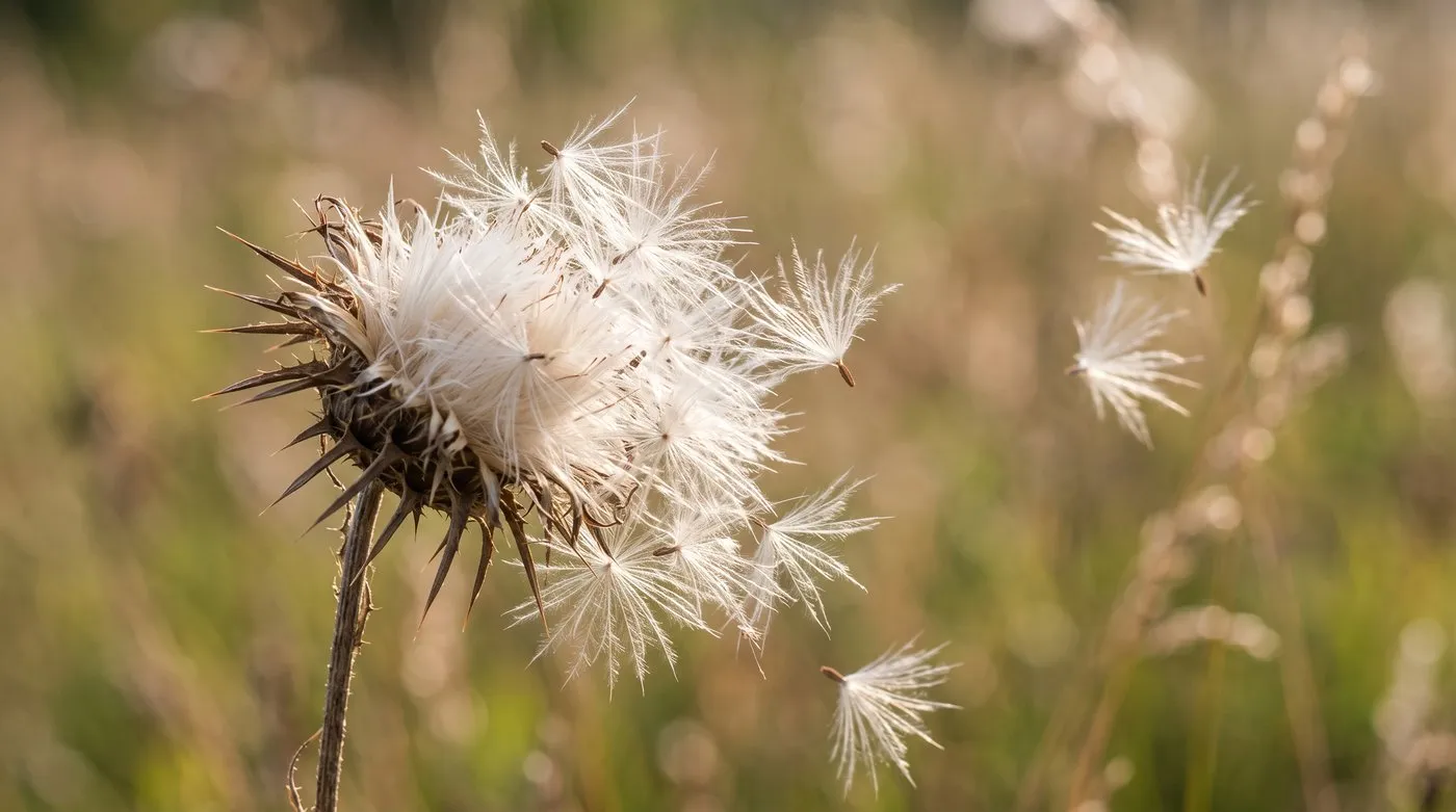 A creeping thistle seed head opening into fluffy white thistledown ready to disperse on the wind