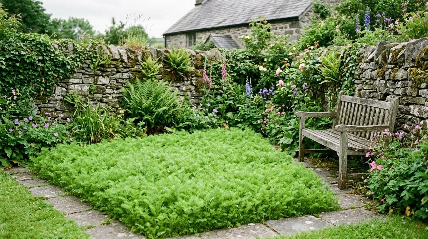 Chamomile Treneague lawn growing in a small walled cottage garden in Wales