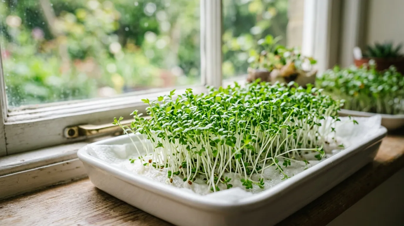 Children growing cress on a windowsill on damp kitchen paper